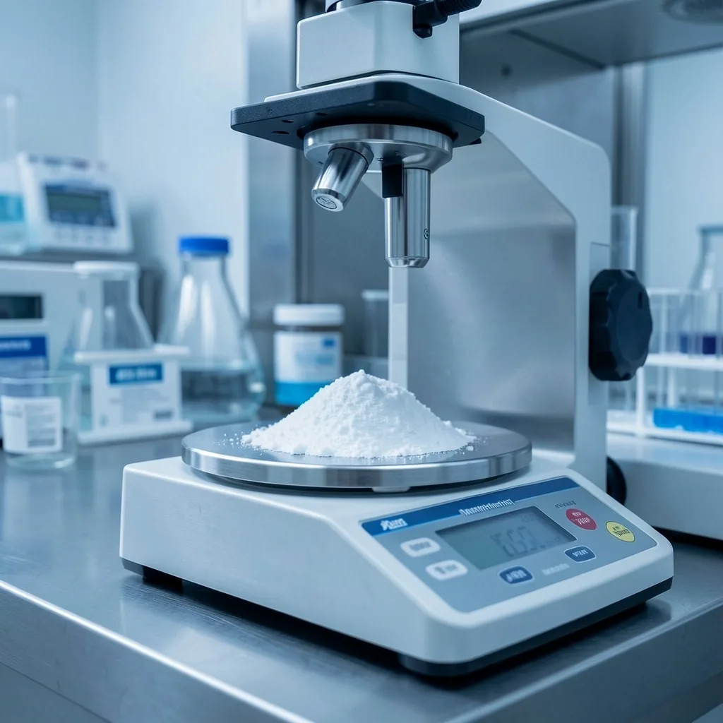 Laboratory balance measuring mineral powder in a clinical setting