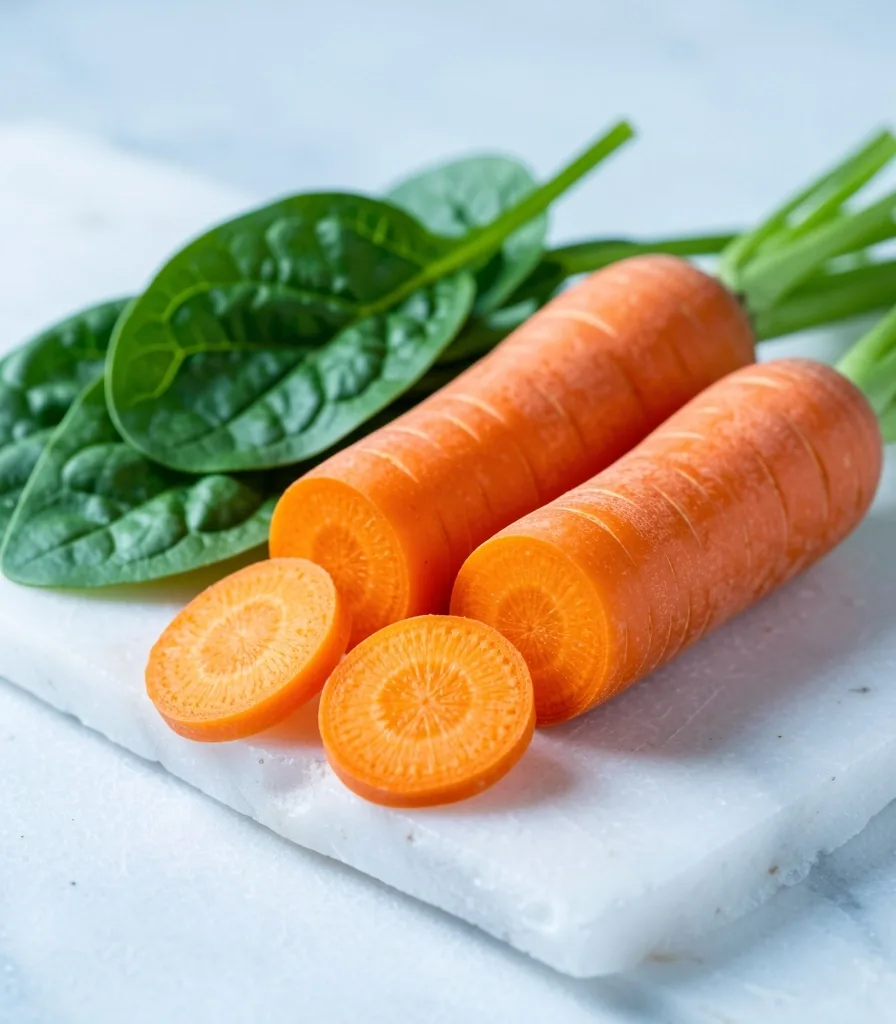 Fresh carrots and leafy vegetables as beta-carotene sources